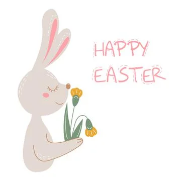 Happy Easter colored greeting card with rabbit and flower. Vector postcard with  Stock Illustration