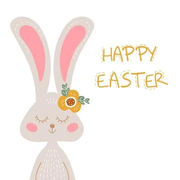 Happy Easter colored greeting card with rabbit and flower. Vector postcard with  Stock Illustration