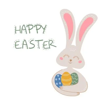 Happy Easter colored greeting card with rabbit holding dyed eggs. Stock Illustration