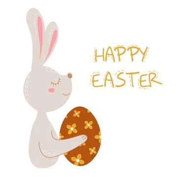 Happy Easter colored greeting card with rabbit holding dyed egg. Vector postcard 스톡 일러스트