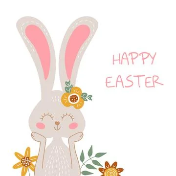 Happy Easter colored greeting card with rabbit and flowers. Vector postcard with Stock Illustration