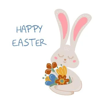 Happy Easter colored greeting card with rabbit holding bouquet of flowers Vector Stock Illustration
