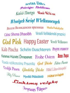 Happy Easter. Colored greetings in different European languages. White back. Stock Illustration