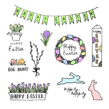 Happy easter colored sketch with eggs, rabbits, flowers, lettering, wreath Stock Illustration