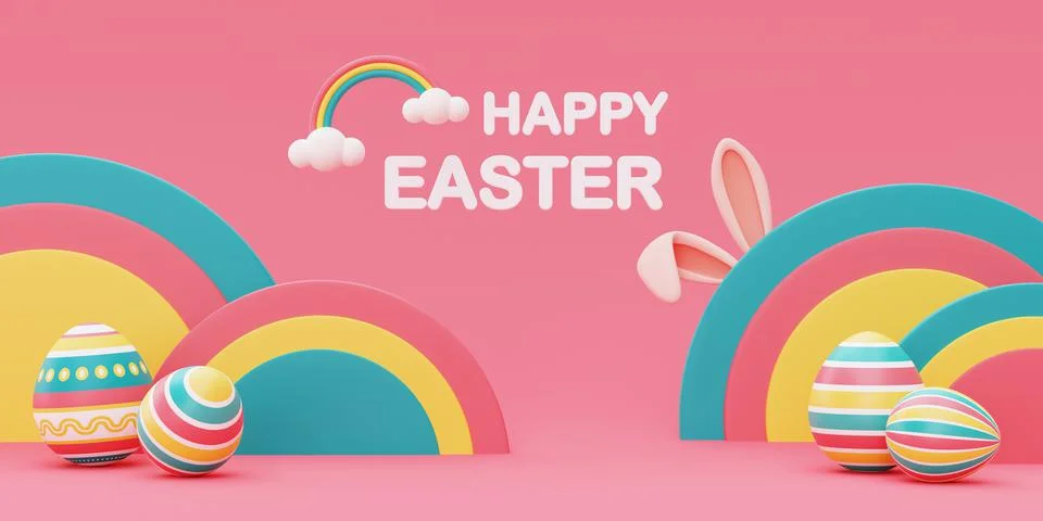 Happy Easter colorful background with easter eggs and bunny ears,Internationa Stock Illustration