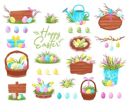 Happy Easter. Colorful decorated Easter eggs in wicker baskets and wooden Stock Illustration