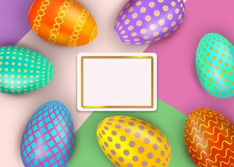 Happy Easter colorful decorated eggs on abstract background, gold frame border. 스톡 일러스트