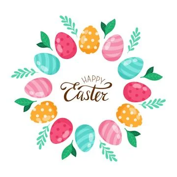 Happy Easter. Colorful Easter Eggs and leaves. Stock Illustration