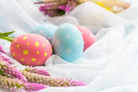 Happy easter! Colorful of Easter eggs in nest with flower,  paper star and Fe Stock Photos