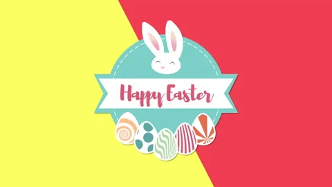 Happy Easter with colorful eggs and rabbit on red and yellow color Video stock 169720548
