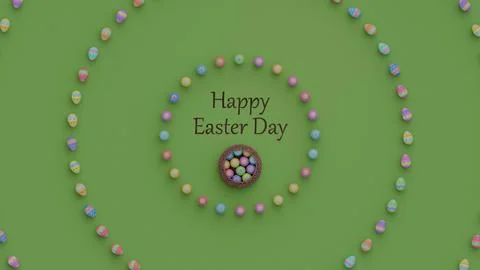 Happy easter colorful eggs card. Easter painted eggs in the basket. Copy spac Stock Photos