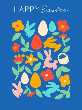 Happy easter colorful hand drawn doodle poster illustration in simple flat .. 스톡 일러스트