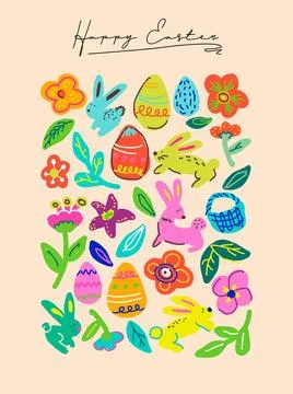 Happy easter colorful hand drawn doodle poster illustration in flat style 스톡 일러스트