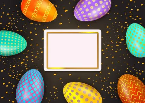 Happy Easter colorful painted eggs on black background with gold frame, confetti Stock Illustration