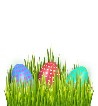 Happy Easter colorful painted eggs isolated on white background with grass. Stock Illustration