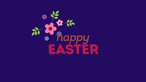 Happy Easter with colorful spring flowers on blue gradient Видео 229849582