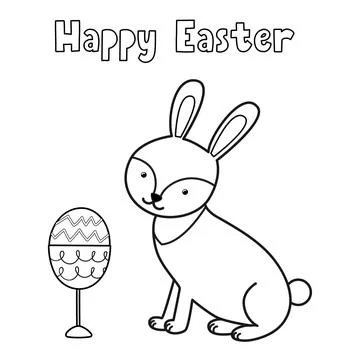 Happy Easter coloring page with cute rabbit and egg in glass. Black and white Stock Illustration