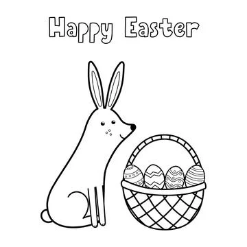 Happy Easter coloring page with cute rabbit and basket with eggs. Black and Stock Illustration