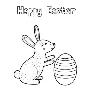 Happy Easter coloring page with cute bunny and egg. Black and white activity Stock Illustration
