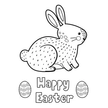 Happy Easter coloring page with cute rabbit. Black and white greeting card and Stock Illustration