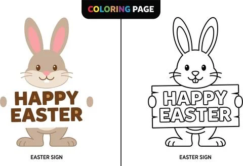 Happy Easter Coloring Page with Cute Bunny Holding a Sign. Stock Illustration