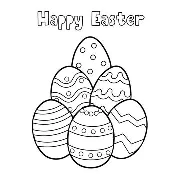 Happy Easter coloring page for kids with eggs. Black and white activity page 库存插图