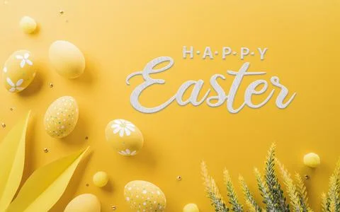 Happy easter! Colourful Easter eggs on yellow background. Decoration concep.. Stockillustratie