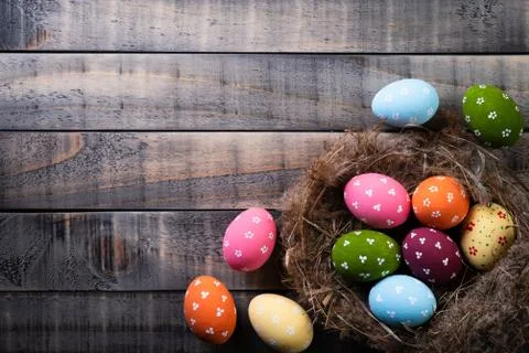 Happy easter! Colourful of Easter eggs in nest and Feather on wooden backgrou Stock Photos