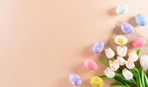 Happy easter! Colourful of Easter eggs in with flower on pastel background. G Stock Photos