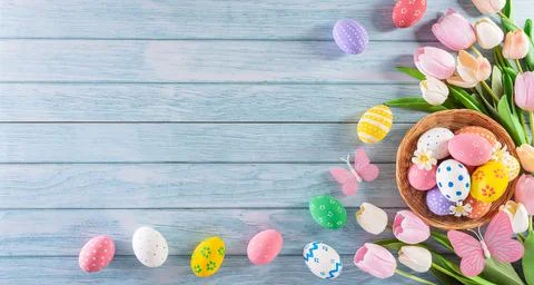 Happy easter! Colourful of Easter eggs in the nest with flower on pastel blue Stock Photos