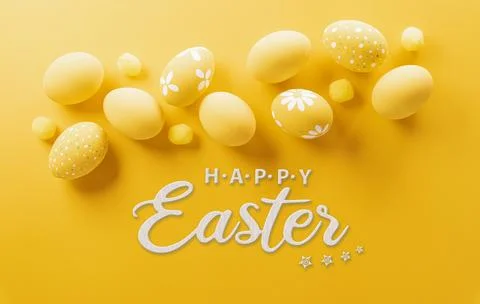 Happy easter! Colourful Easter eggs on yellow background. Decoration concep.. Stock Photos