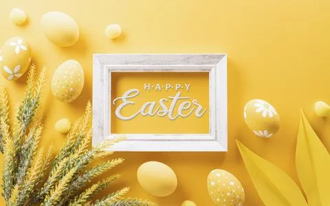 Happy easter! Colourful Easter eggs on yellow background. Decoration concep.. Stock Photos
