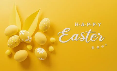Happy easter! Colourful Easter eggs on yellow background. Decoration concep.. Stock Photos