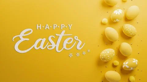 Happy easter! Colourful Easter eggs on yellow background. Decoration concep.. Stock Photos