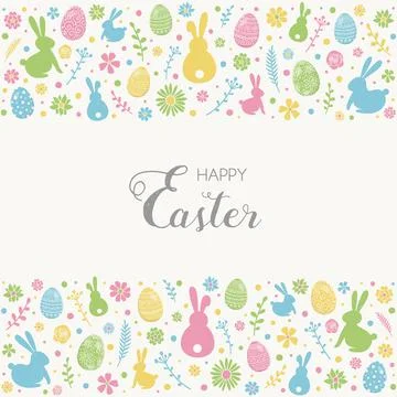 Happy Easter. Colourful eggs, bunnies and flowers on white background. Vector Illustrazione stock