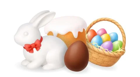 Happy Easter composition with bunny, cake, chocolate egg and basket of colorful Stock Illustration