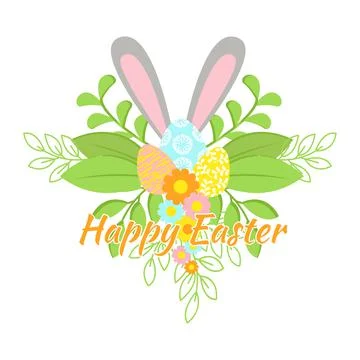 Happy Easter composition with bunny flowers eggs greens Stock Illustration