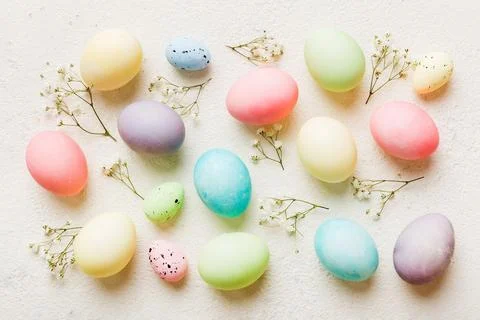Happy Easter composition. Easter eggs on colored table with gypsophila. Natur Stock Photos
