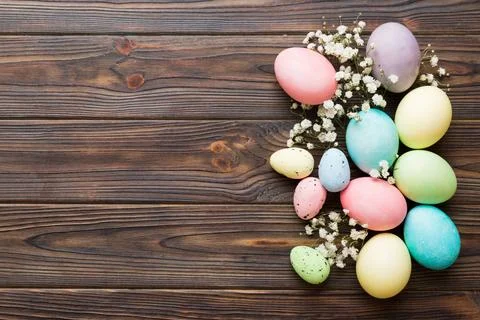 Happy Easter composition. Easter eggs on colored table with gypsophila. Nat.. Stock Photos