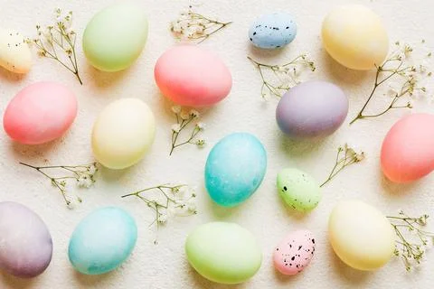 Happy Easter composition. Easter eggs on colored table with gypsophila. Nat.. 스톡 사진