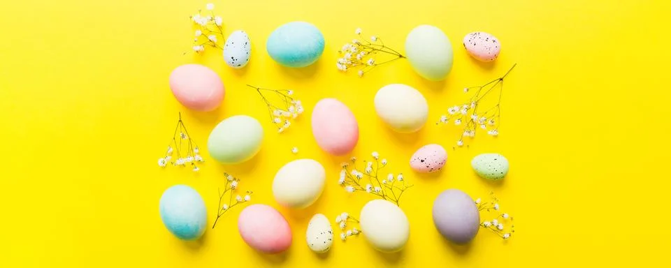 Happy Easter composition. Easter eggs on colored table with gypsophila. Natur Stock Photos