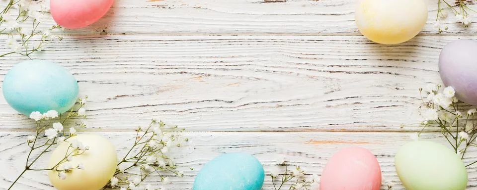 Happy Easter composition. Easter eggs on colored table with gypsophila. Natur Stock Photos