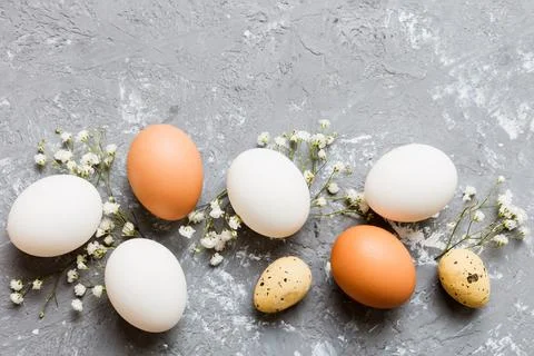 Happy Easter composition. Easter eggs on colored table with gypsophila. Nat.. Stock Photos