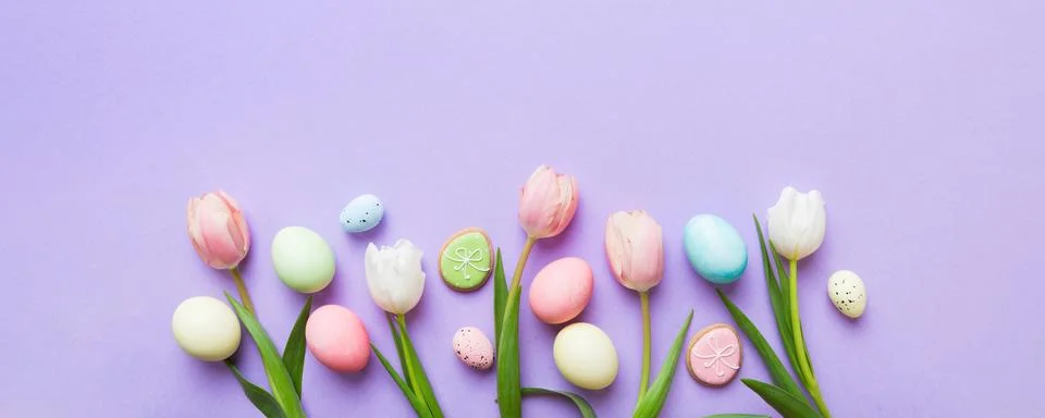 Happy Easter composition. Easter eggs on colored table with yellow Tulips. .. Stock Photos