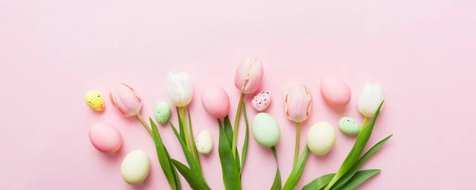 Happy Easter composition. Easter eggs on colored table with yellow Tulips. .. Stock Photos