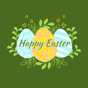 Happy Easter composition with eggs greens butterfly Stock Illustration