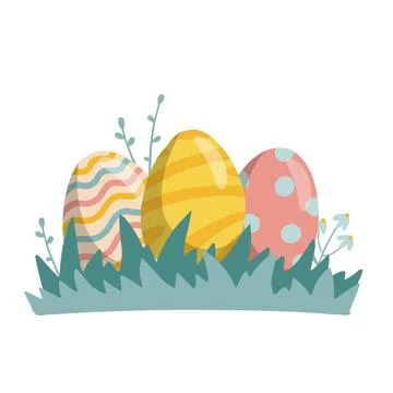 Happy Easter composition. Tree Easter eggs with different texture on the grass Stock Illustration