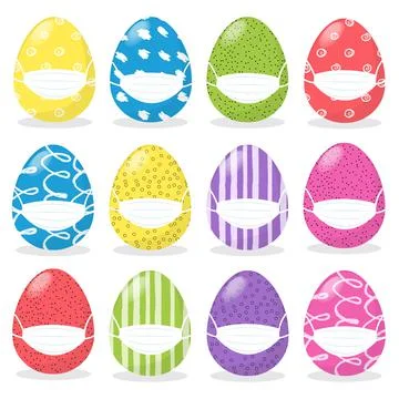 Happy Easter concept with cartoon colored eggs set in medical protective face Stock Illustration