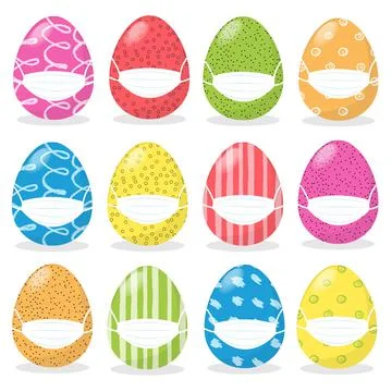 Happy Easter concept with cartoon colored eggs set in medical protective face Stock Illustration