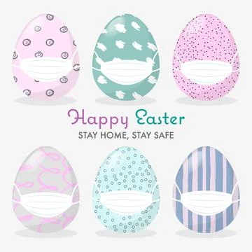 Happy Easter Concept With Cartoon Eggs set in medical protective face mask For Illustrazione stock